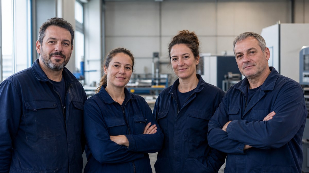 L'équipe de la rédaction dans un atelier industriel